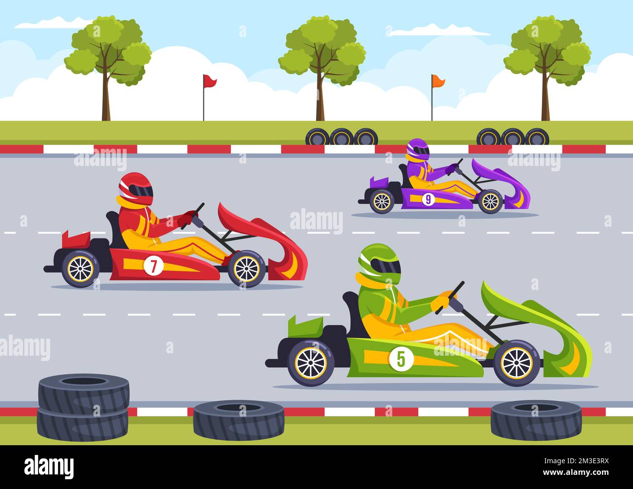 Karting Sport avec jeu de course Go Kart ou Mini car sur piste de petit circuit en dessin animé à la main dessin animé à plat Illustration du modèle Illustration de Vecteur