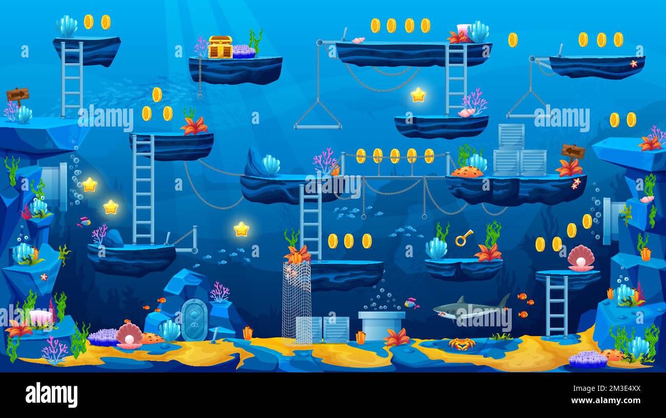 2d jeux d'arcade sous-marin niveau paysage carte interface. Requin, plate-forme, escaliers, pièces de monnaie, bonus et icônes de Trésor. Fond vectoriel de dessins animés sous la mer d'eau ou le fond de l'océan avec des ruines anivres Illustration de Vecteur
