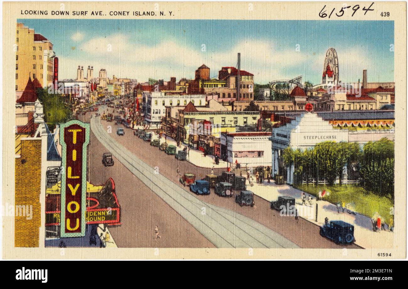 Vue sur Surf Ave., Coney Island, N. Y., Villes et villages, Tichnor Brothers Collection, Cartes postales des États-Unis Banque D'Images