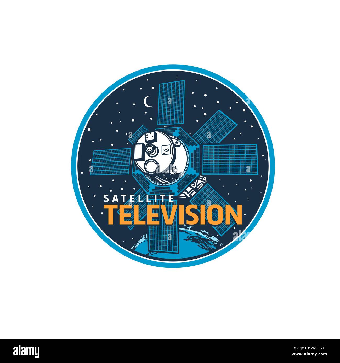 Icône de satellite de télécommunication. Diffusion télévisuelle et transmission de réseaux Internet, équipement de télécommunication et vecteur technologique symbole rétro ou icône ronde avec satellite artificiel sur orbite terrestre Illustration de Vecteur