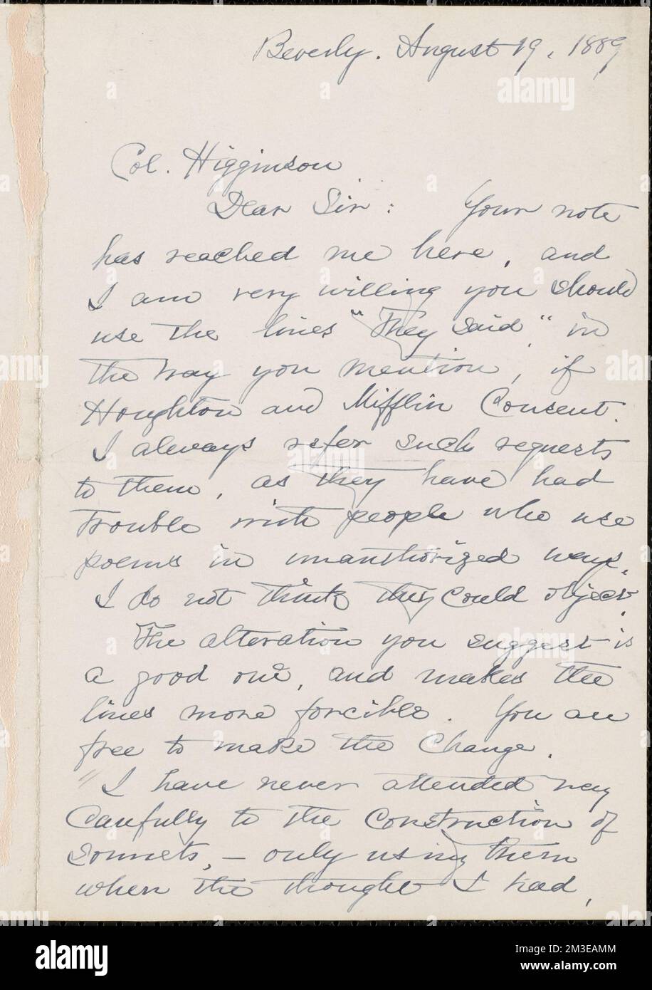 Lucy Larcom lettre autographe signée à Thomas Wentworth Higginson, Beverly, Massachusetts, 19 août 1889 , Abolitionnistes, États-Unis, Histoire, 19th siècle, Femmes, suffrage, Houghton, Mifflin et Compagnie. Thomas Wentworth Higginson correspondance Banque D'Images