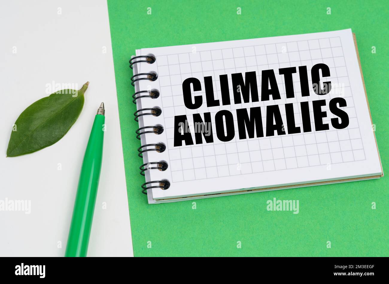 Concept écologique. Sur fond blanc-vert se trouve un stylo, une feuille d'une plante et un bloc-notes avec l'inscription - anomalies climatiques Banque D'Images