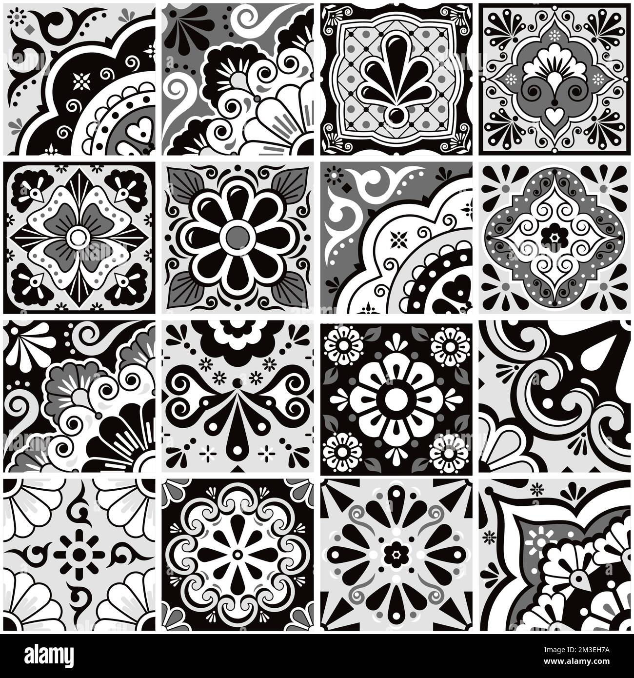 Ensemble de carreaux de céramique de talvera mexicain noir, gris et blanc avec décor, fleurs, feuilles et tourbillons parfait pour le papier peint, la décoration d'intérieur, textile ou tissu pr Illustration de Vecteur