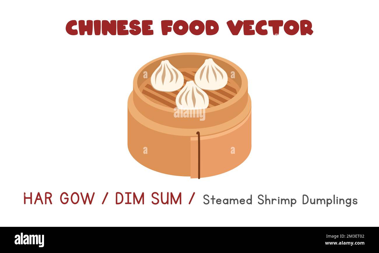 Chinois Har Gow ou Dim Sum - boulettes de crevettes chinoises cuites à la vapeur dans un cuiseur vapeur de bambou dessin vectoriel plat, dessin animé style clipart. Cuisine asiatique Illustration de Vecteur