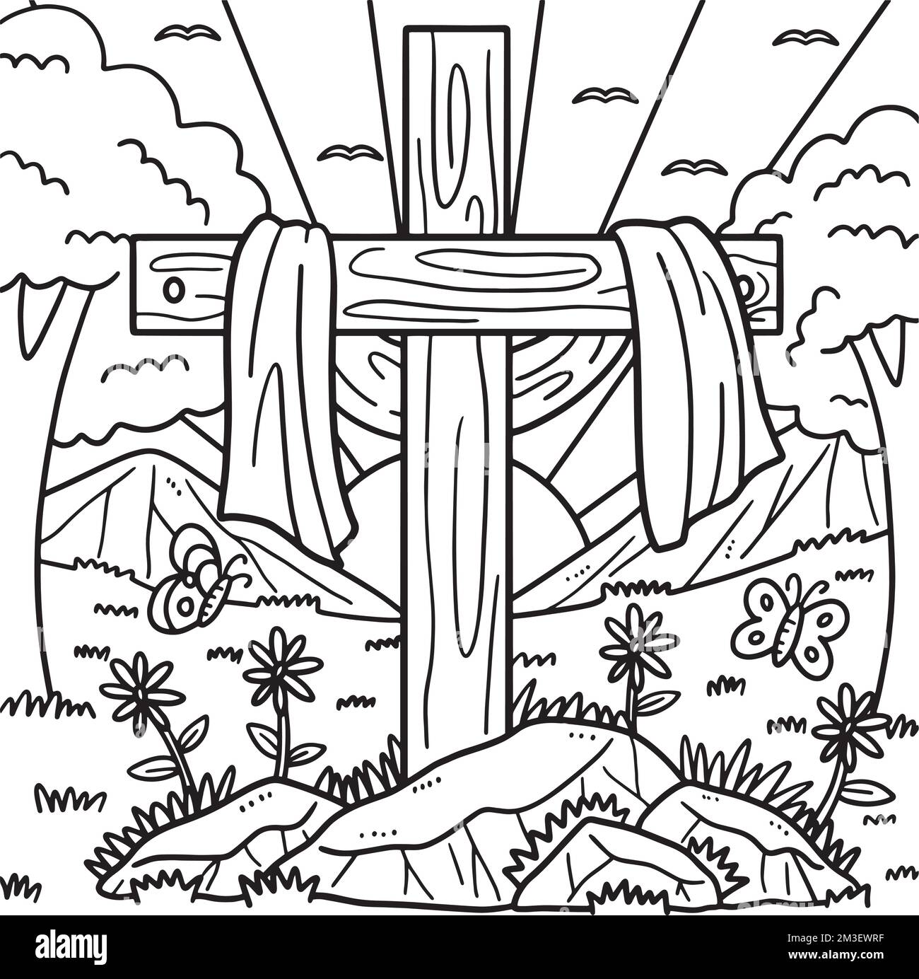 Croix chrétienne drapée avec toile de coloriage page Illustration de Vecteur