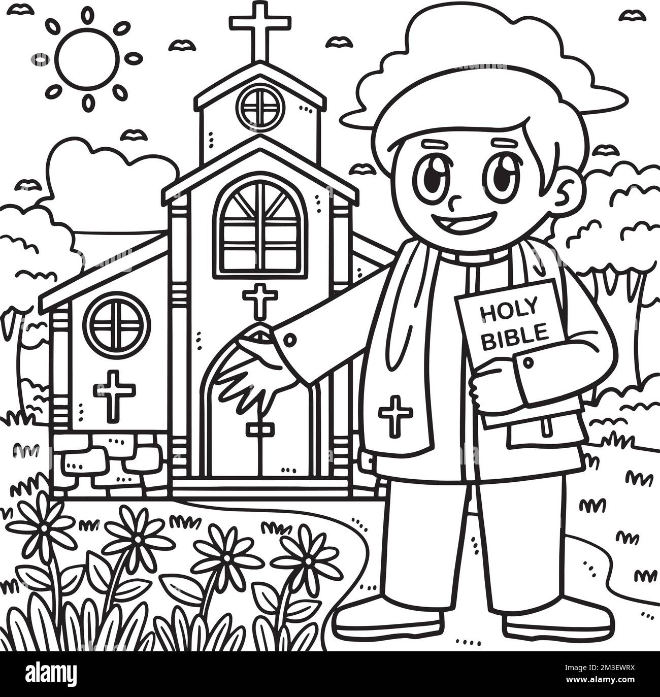 Prêtre chrétien en face de la page de coloriage de l'Église Illustration de Vecteur