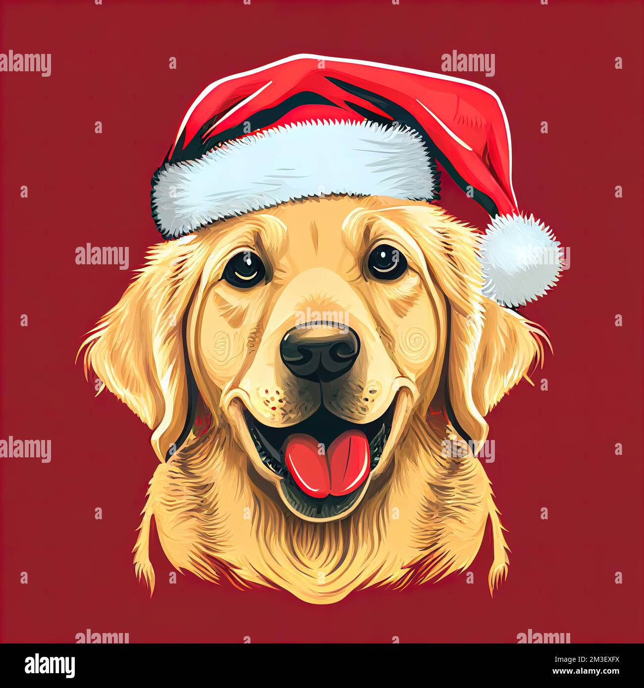 un chien portant un chapeau de père noël sur un fond rouge avec un fond rouge et un fond rouge avec une bordure rouge. . Banque D'Images