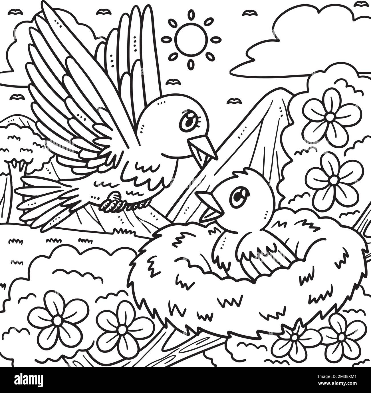 Page de coloriage de la mère et de l'oiseau de bébé Illustration de Vecteur