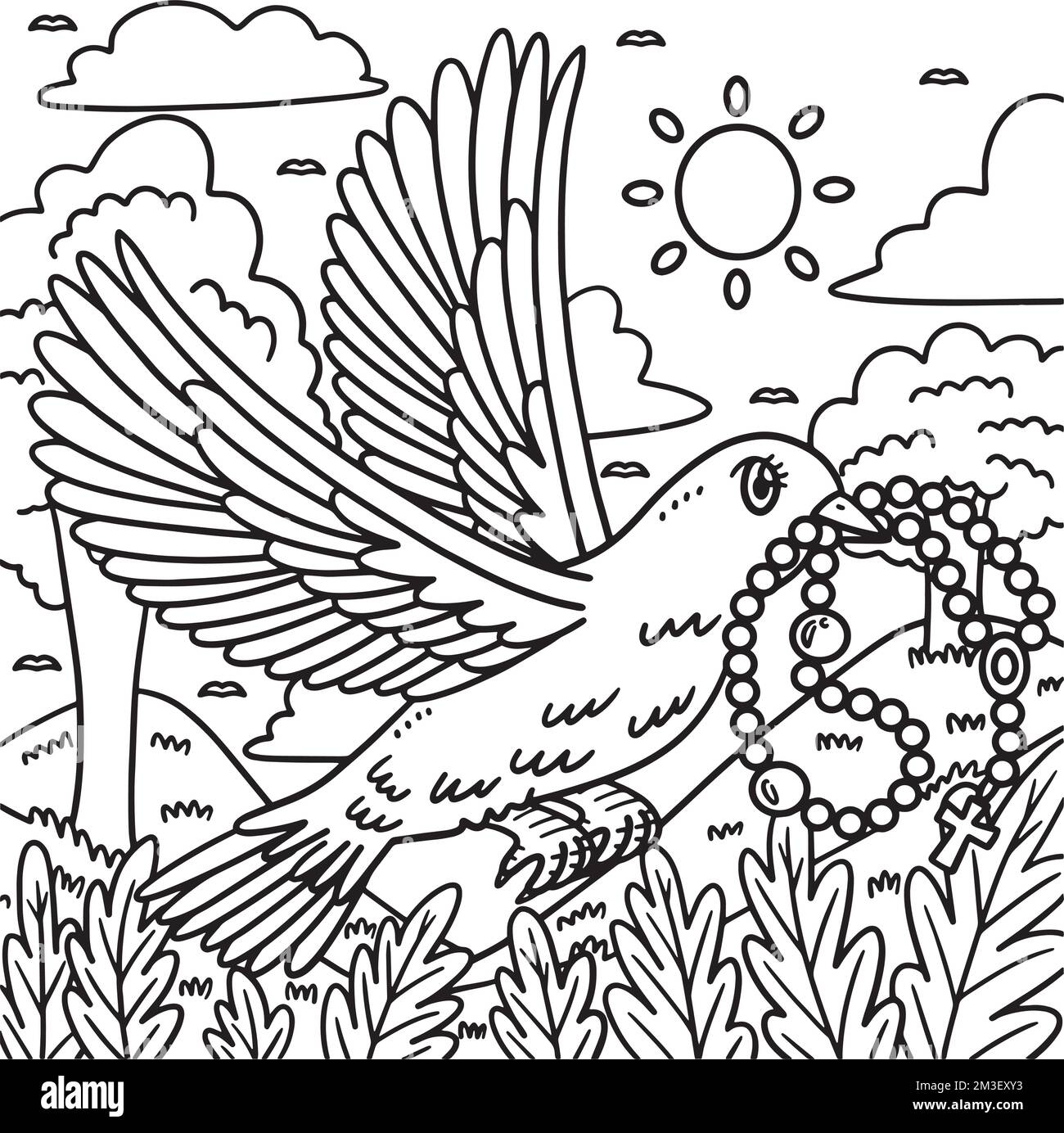 Christian Dove avec Rosary coloriage page pour enfants Illustration de Vecteur