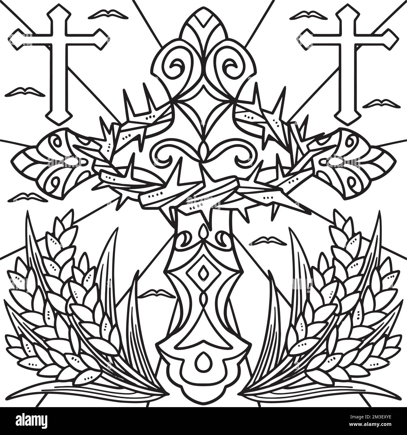 Croix chrétienne avec la couronne de Thorns coloriage page Illustration de Vecteur