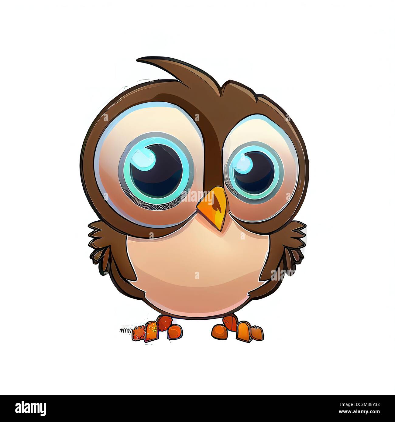 un hibou de dessin animé avec de grands yeux bleus et un bec brun est debout avec ses yeux larges ouverts et regardant la caméra. . Banque D'Images