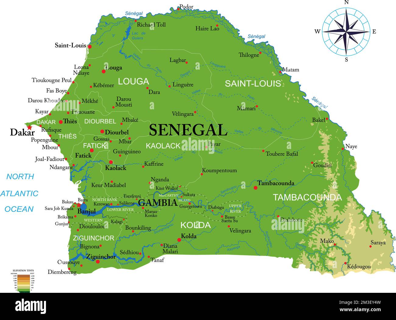 Carte physique très détaillée du Sénégal et de la Gambie en format vectoriel, avec toutes les formes de secours, les régions et les grandes villes. Illustration de Vecteur