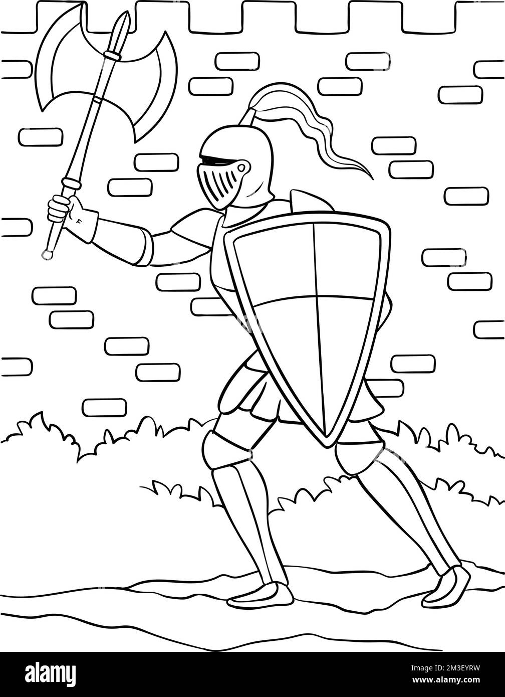 Chevalier tenant Ax et Shield coloriage page Illustration de Vecteur