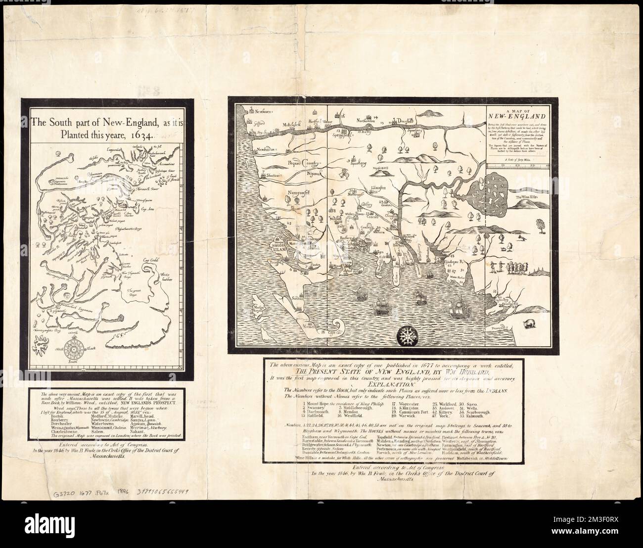 Une carte de la Nouvelle-Angleterre : étant la première qui ait jamais été ici coupée, et faite par le meilleur modèle qui pourrait être eu, qui étant dans certains endroits défectueux, il a rendu l'autre moins exact : Pourtant doth il a suffisamment de déchirer la scatuation du pays, et commodément bien la distance des lieux ; les figures qui sont joyeux avec les noms des lieux sont de distinguer tels que ont été agressés par l'Indien des autres , la guerre du roi Philippe, 1675-1676, Nouvelle Angleterre, cartes, Premières œuvres jusqu'en 1800, copies de la collection du Centre de cartes Norman B. Leventhal Banque D'Images