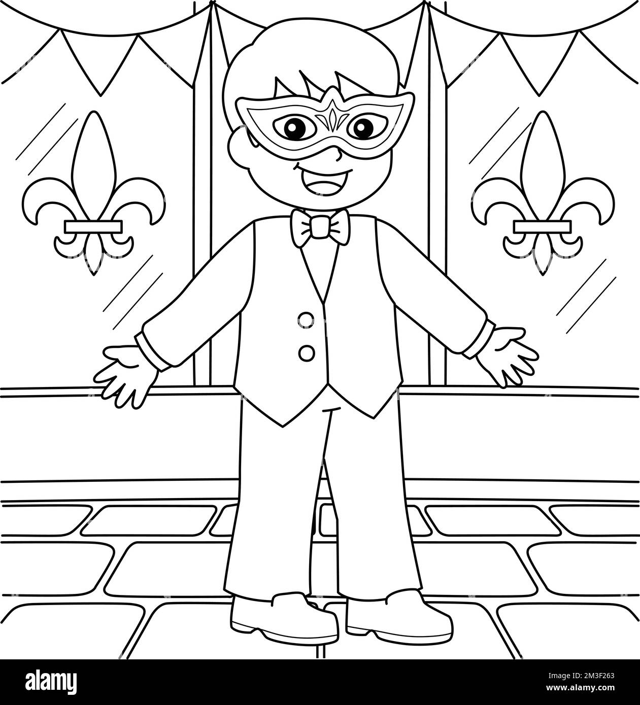 Mardi gras Boy avec masque coloriage page pour enfants Illustration de Vecteur