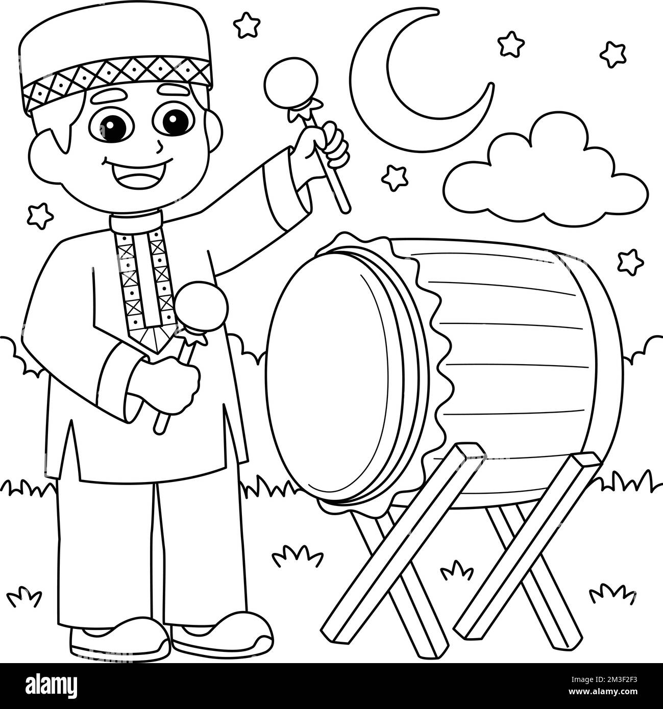 Ramadan Muslim Boy jouant Drum coloriage page Illustration de Vecteur