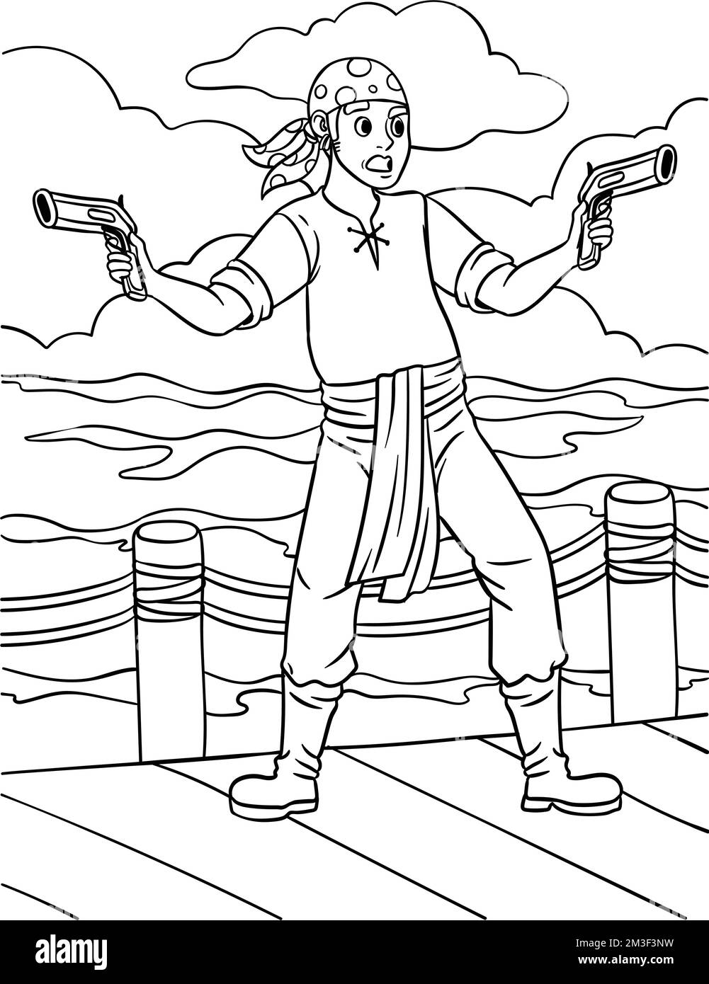 Pirate avec une page de coloriage de canon pour enfants Illustration de Vecteur