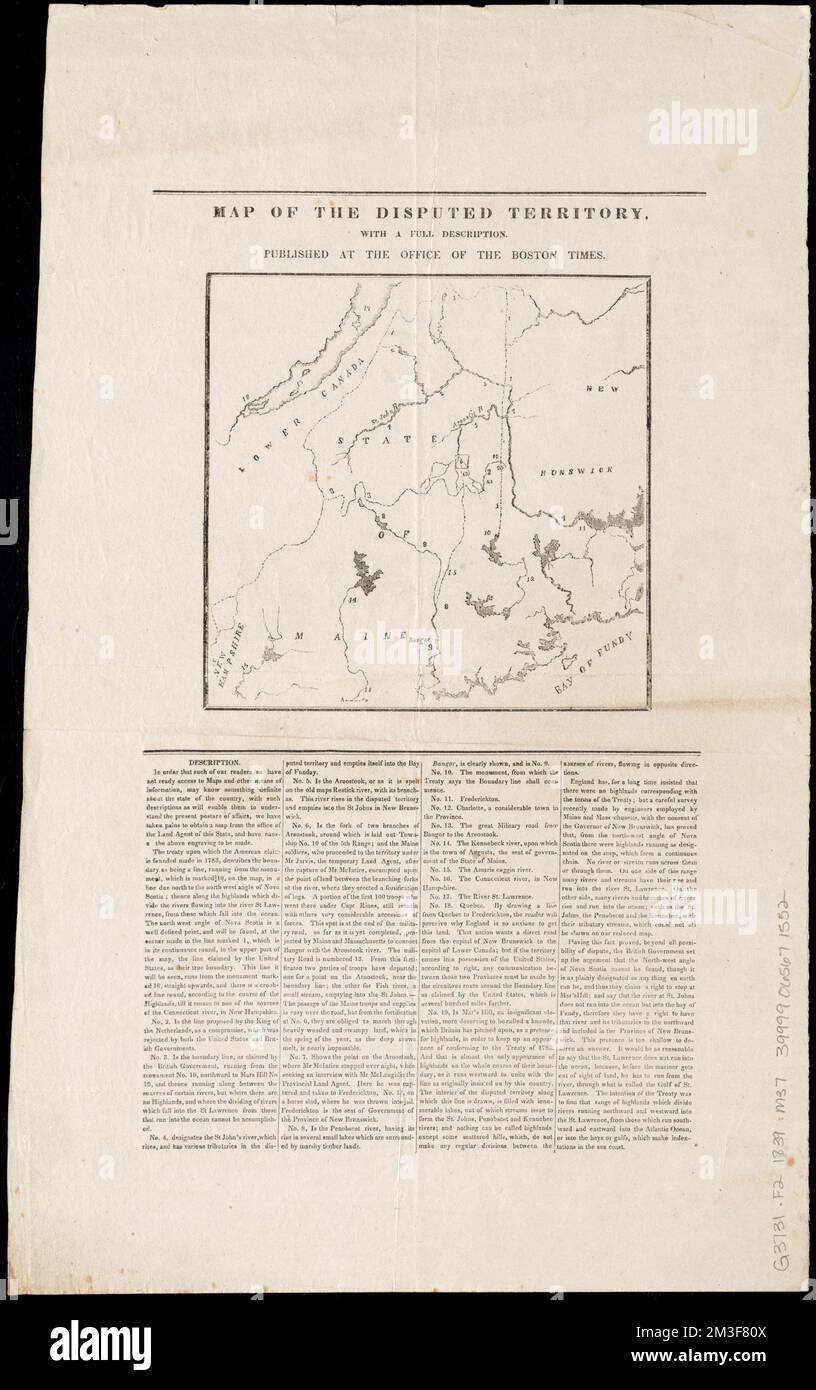 Carte du territoire contesté,avec une description complète , Arroostook War, 1839, cartes, limite nord-est des États-Unis, cartes, Maine, limites, Nouveau-Brunswick, Cartes, Nouveau-Brunswick, frontières, Maine, cartes, Etats-Unis, frontières, Canada, cartes, Canada, Frontières, États-Unis, cartes Norman B. Leventhal Map Center Collection Banque D'Images