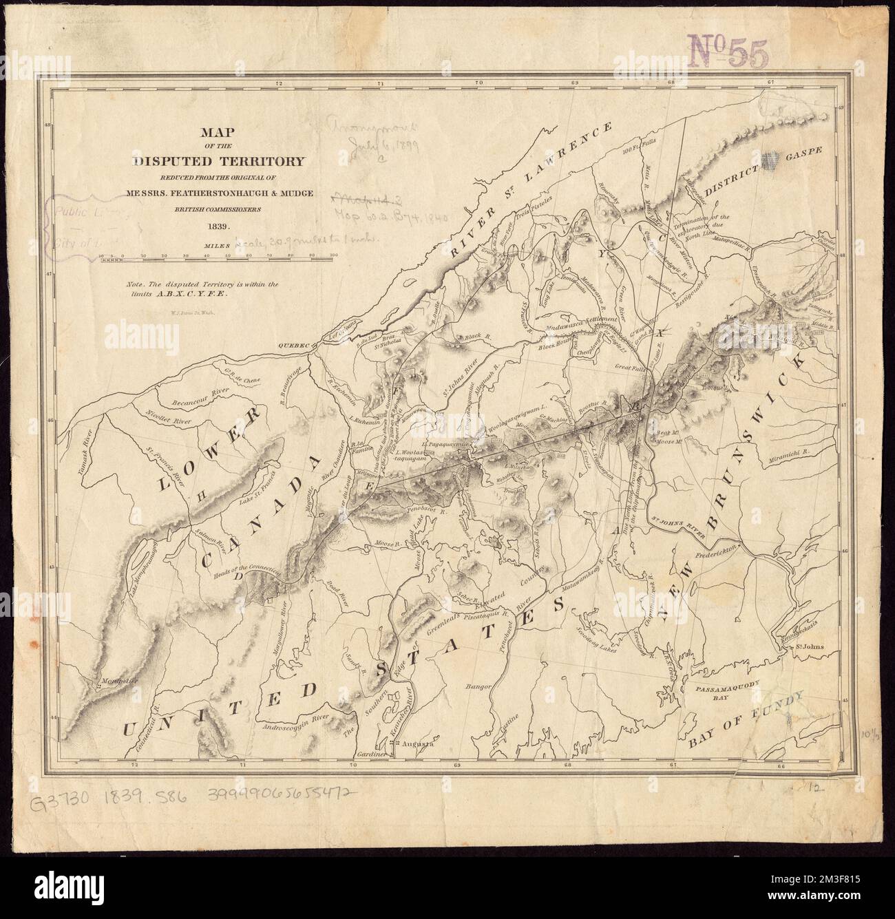 Carte du territoire contesté [Maine] : réduit de l'original de MM. Featherstonehaugh & Mudge, commissaires britanniques, Maine, cartes, limite nord-est des États-Unis, cartes, États-Unis, frontières, Canada, Cartes, Canada, frontières, États-Unis, cartes Norman B. Leventhal Map Center Collection Banque D'Images