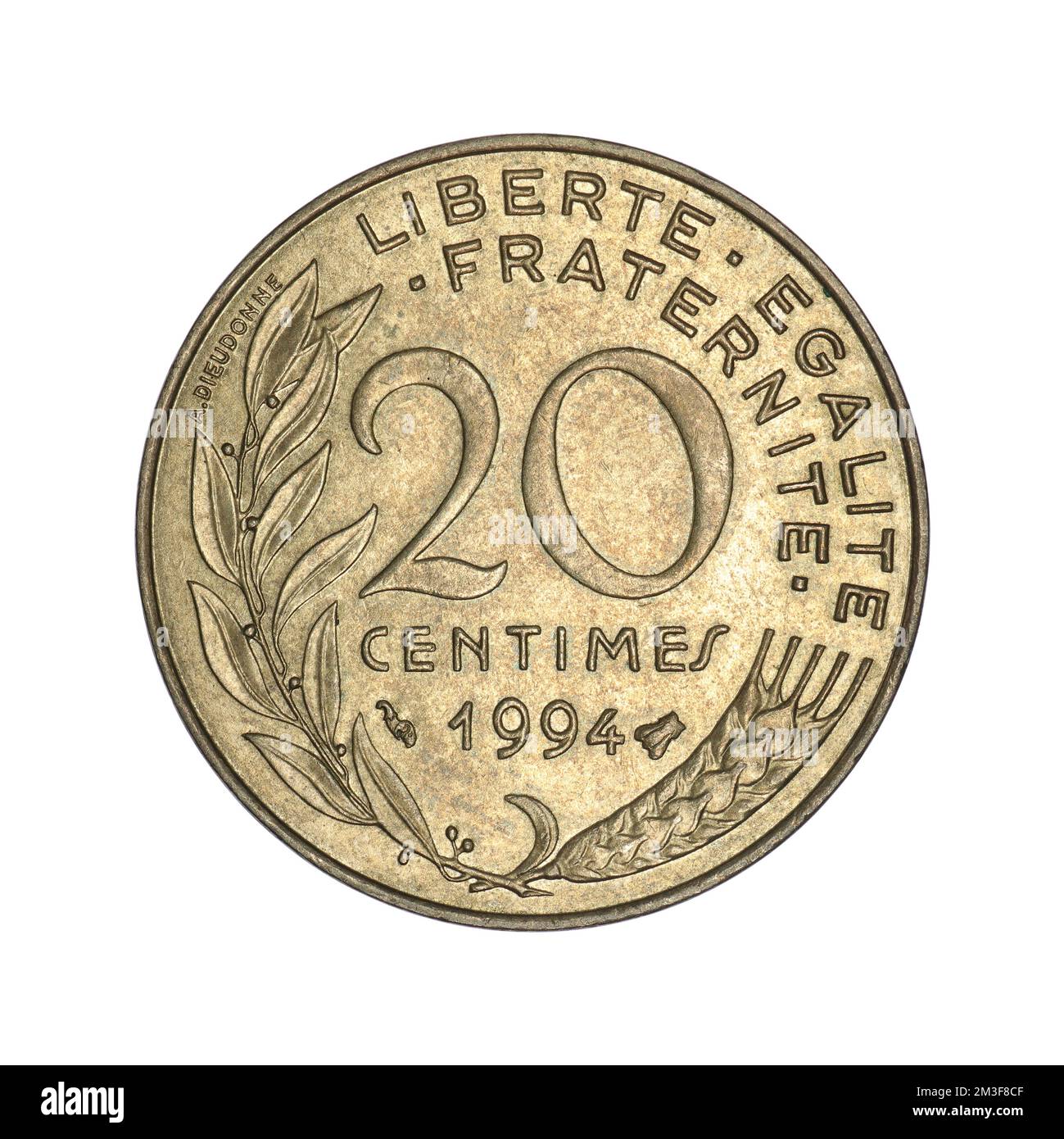 France 20 centimes, 1994 sur fond blanc Banque D'Images