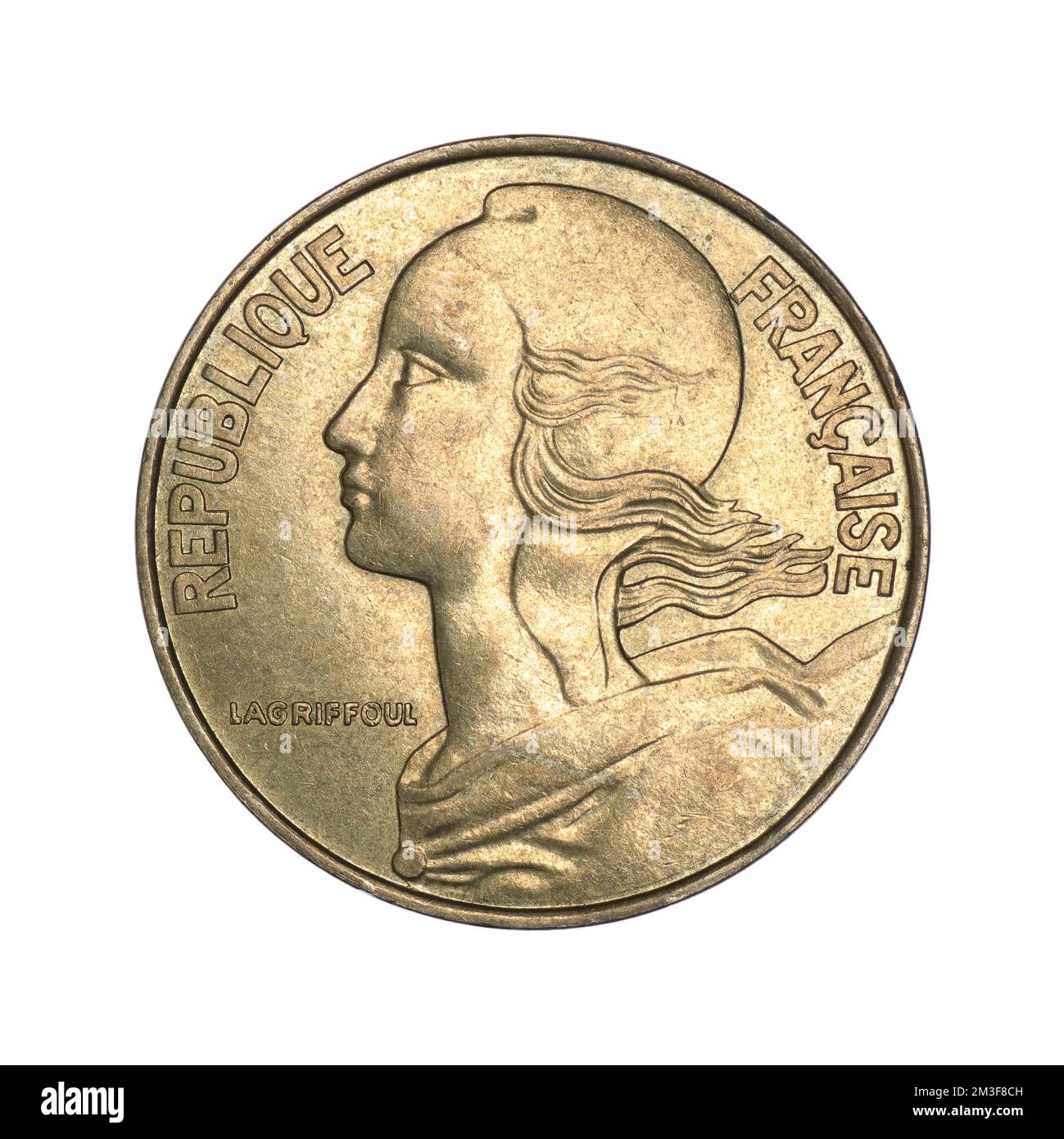 France 20 centimes, 1994 sur fond blanc Banque D'Images