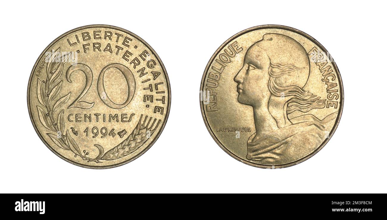 France 20 centimes, 1994 sur fond blanc Banque D'Images