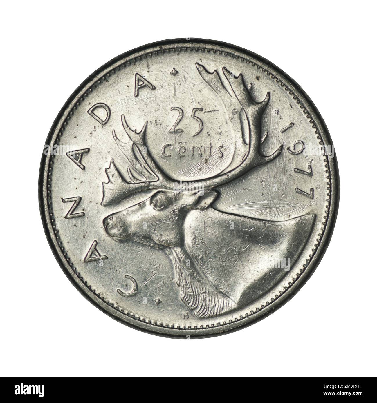 Canada 25 cents 1968-1978 sur fond blanc Banque D'Images