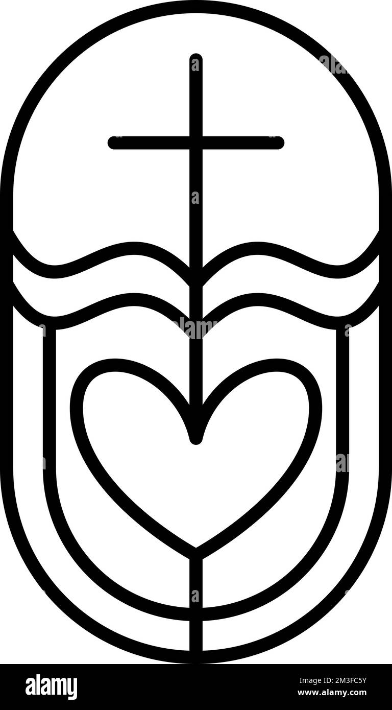 La ligne de religion croix, coeur et livre ouvert Bible dans l'église. Illustration de l'icône du logo vectoriel isolée. Jésus Christ sur le calvaire est le christianisme central. Dieu Illustration de Vecteur