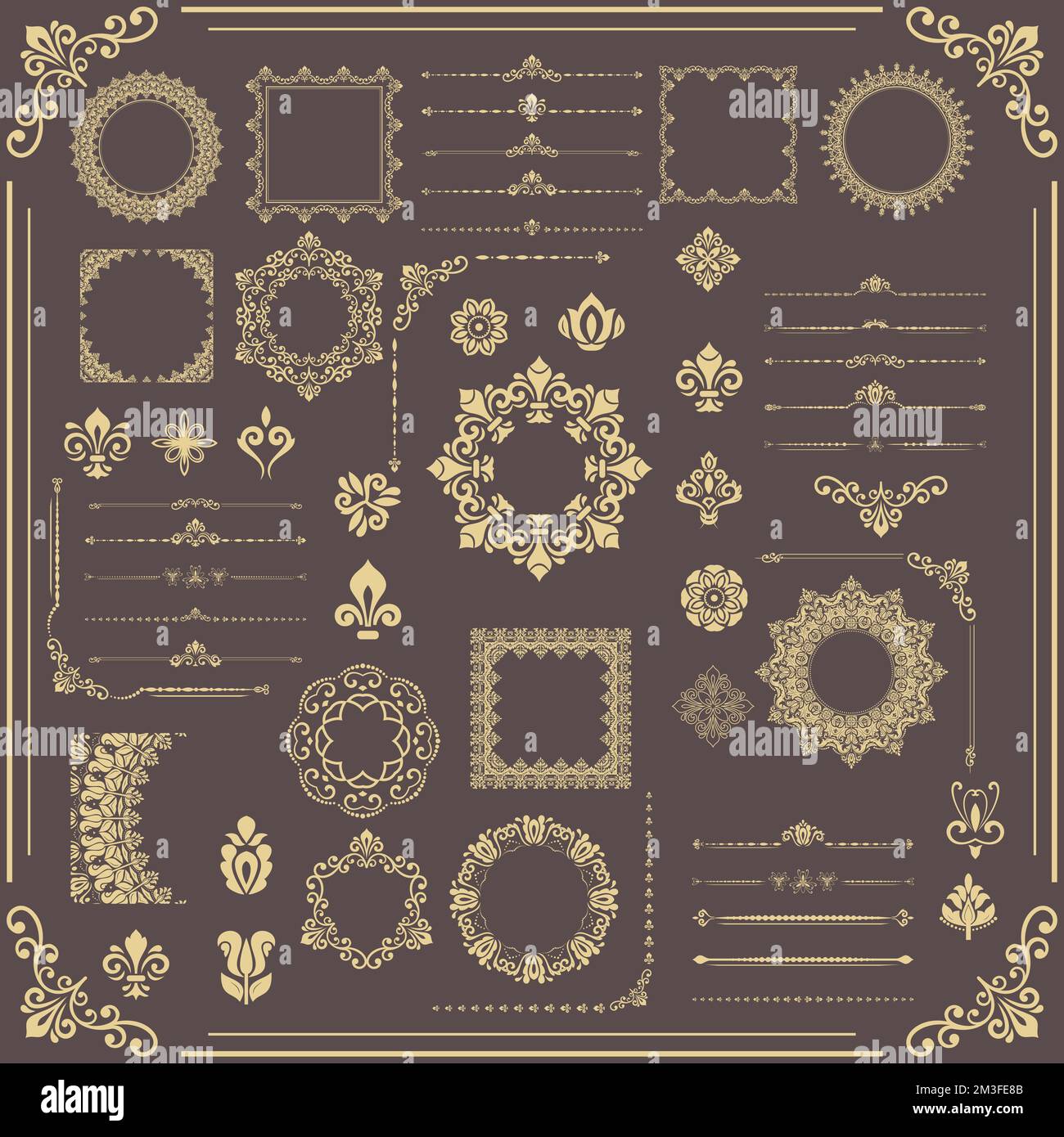 Ensemble vintage d'éléments horizontaux, carrés et ronds. Éléments d'or pour les fonds, les cadres et les monogrammes. Motifs classiques. Ensemble de motifs dorés Banque D'Images