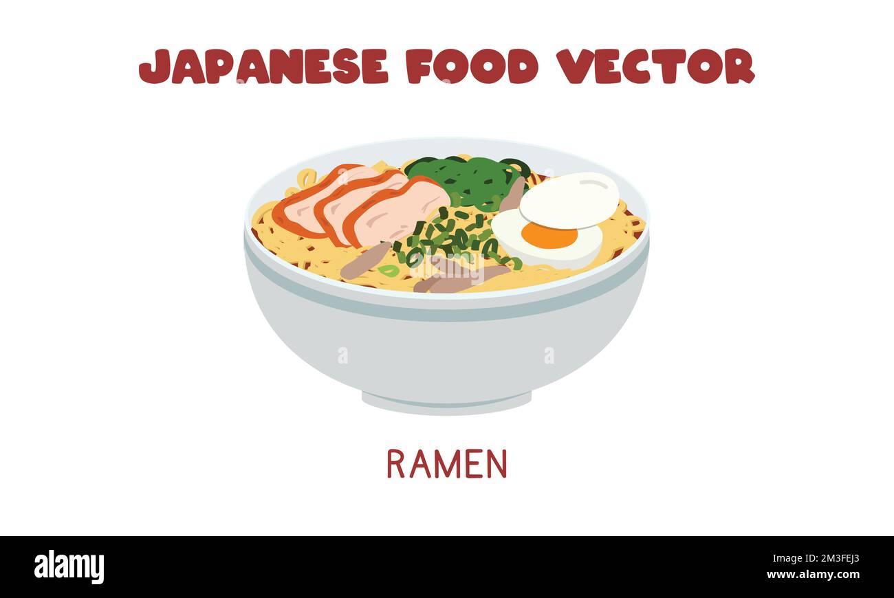 Illustration de la soupe de nouilles Ramen japonaise à motif vectoriel plat, style dessin animé clipart. Cuisine asiatique. Cuisine japonaise. Cuisine traditionnelle japonaise Illustration de Vecteur