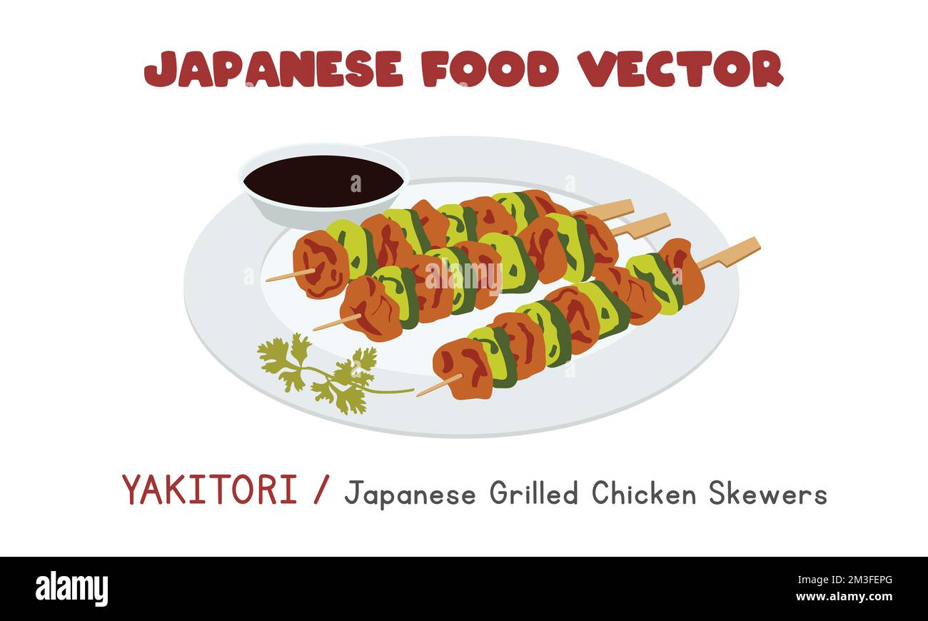 Japanese Yakitori - brochettes de poulet grillé japonais dessin vectoriel plat, dessin animé clipart. Cuisine asiatique. Cuisine japonaise Illustration de Vecteur