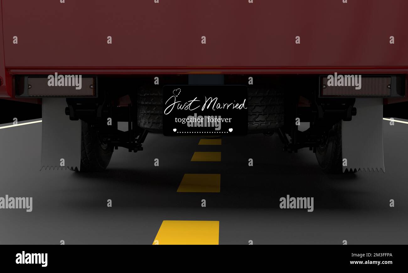 Voiture camion arrière route symbole décoration juste marié amour coeur engagement mariage ornement 14 quatorze février romantique couple heureux terminant fashi Banque D'Images