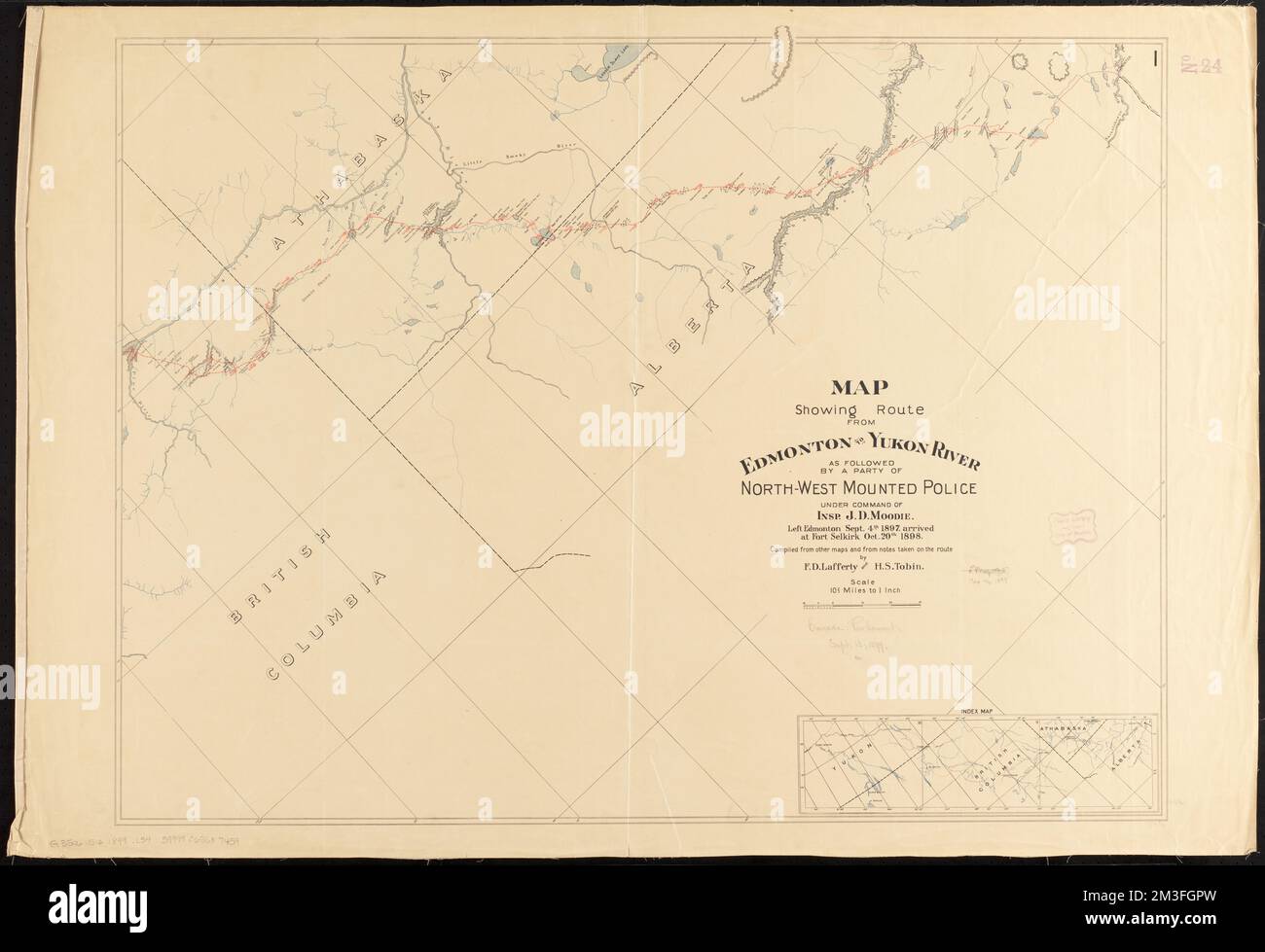 Carte montrant la route entre Edmonton et le fleuve Yukon, suivie d'un groupe de la police à cheval du Nord-Ouest sous le commandement de l'Insp. J.D. Moodie : départ d'Edmonton le 4th 1897 septembre, arrivée à fort Selkirk le 20th 1898 octobre, Alberta, découverte et exploration, cartes, Colombie-Britannique, Découverte et exploration, cartes, Yukon, découverte et exploration, cartes, Cordillère canadienne, découverte et exploration, cartes, Gendarmerie royale du Canada Norman B. Leventhal Map Centre Collection Banque D'Images