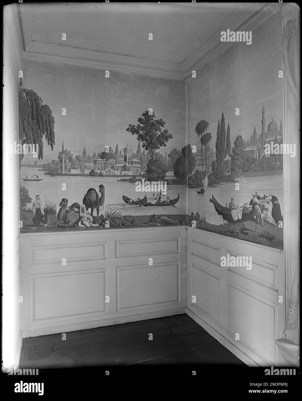 Marblehead, 185 Washington Street, détails intérieurs, papier peint, maison Samuel Lee, 1743 , Maisons, intérieurs, Fonds d'écran. Collection de négatifs sur plaque de verre de Frank cousins Banque D'Images