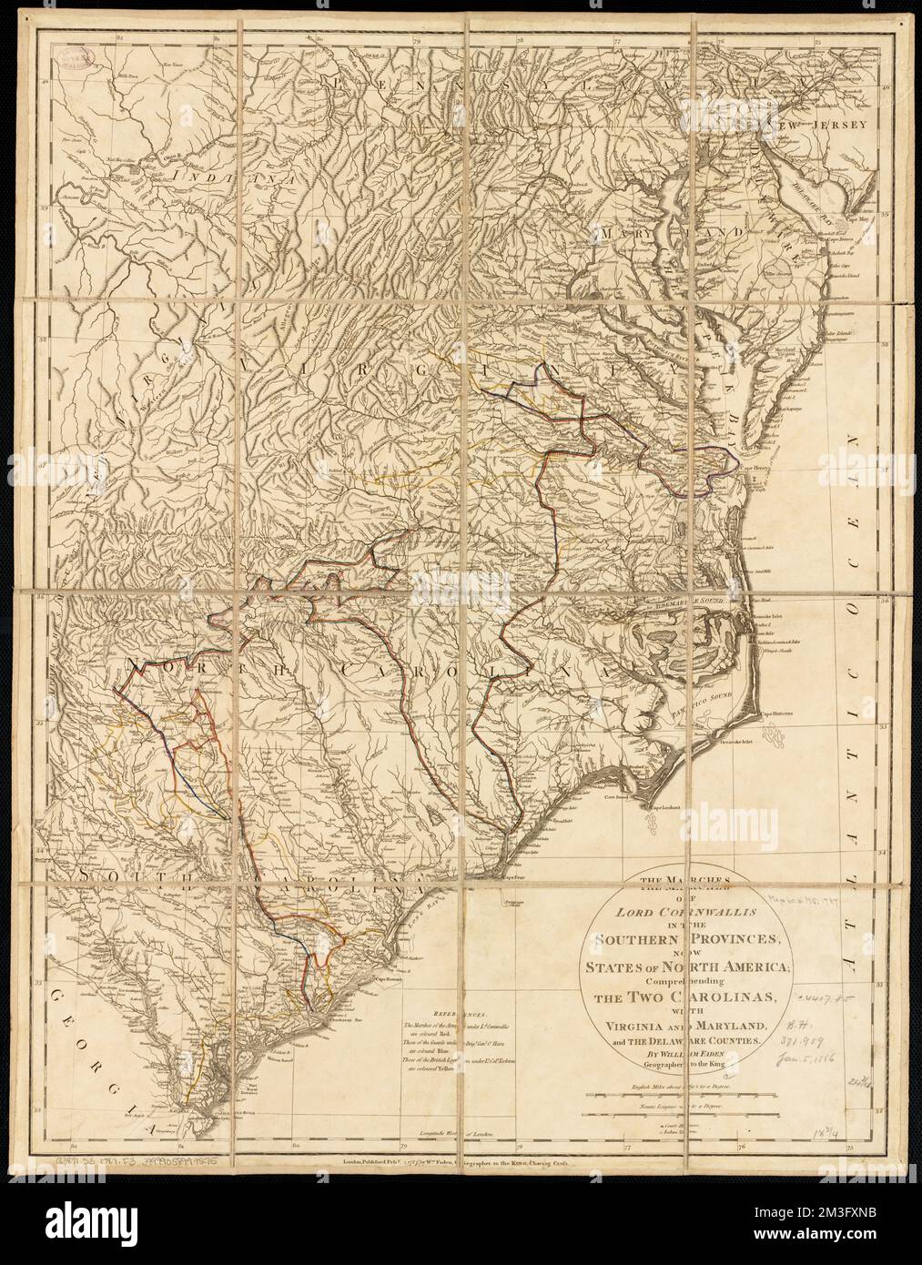 Les marches de Lord Cornwallis dans les provinces méridionales, maintenant États d'Amérique du Nord : comprenant les deux Carolinas, avec la Virginie et le Maryland, et les comtés du Delaware, États méridionaux, Histoire, Révolution, 1775-1783, Cartes, travaux préliminaires à la collection du Centre de cartes Norman B. Leventhal 1800 Banque D'Images