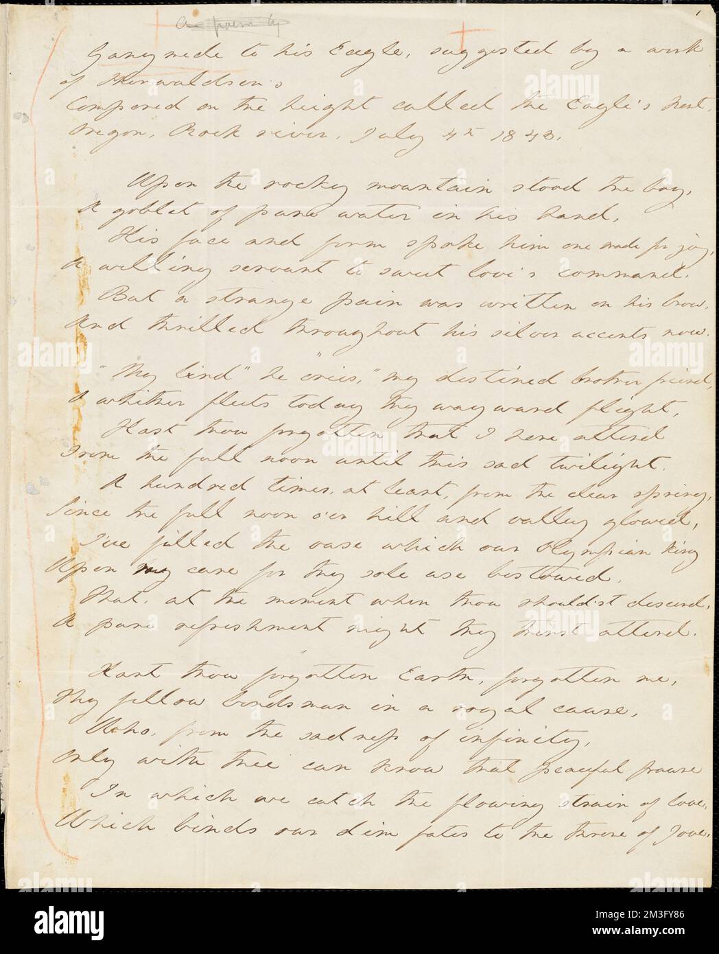 Margaret Fuller manuscrit autographe poème, 'Ganymede to HIS Eagle,' Rock River, Ill., 4 juillet 1843 , Banque D'Images