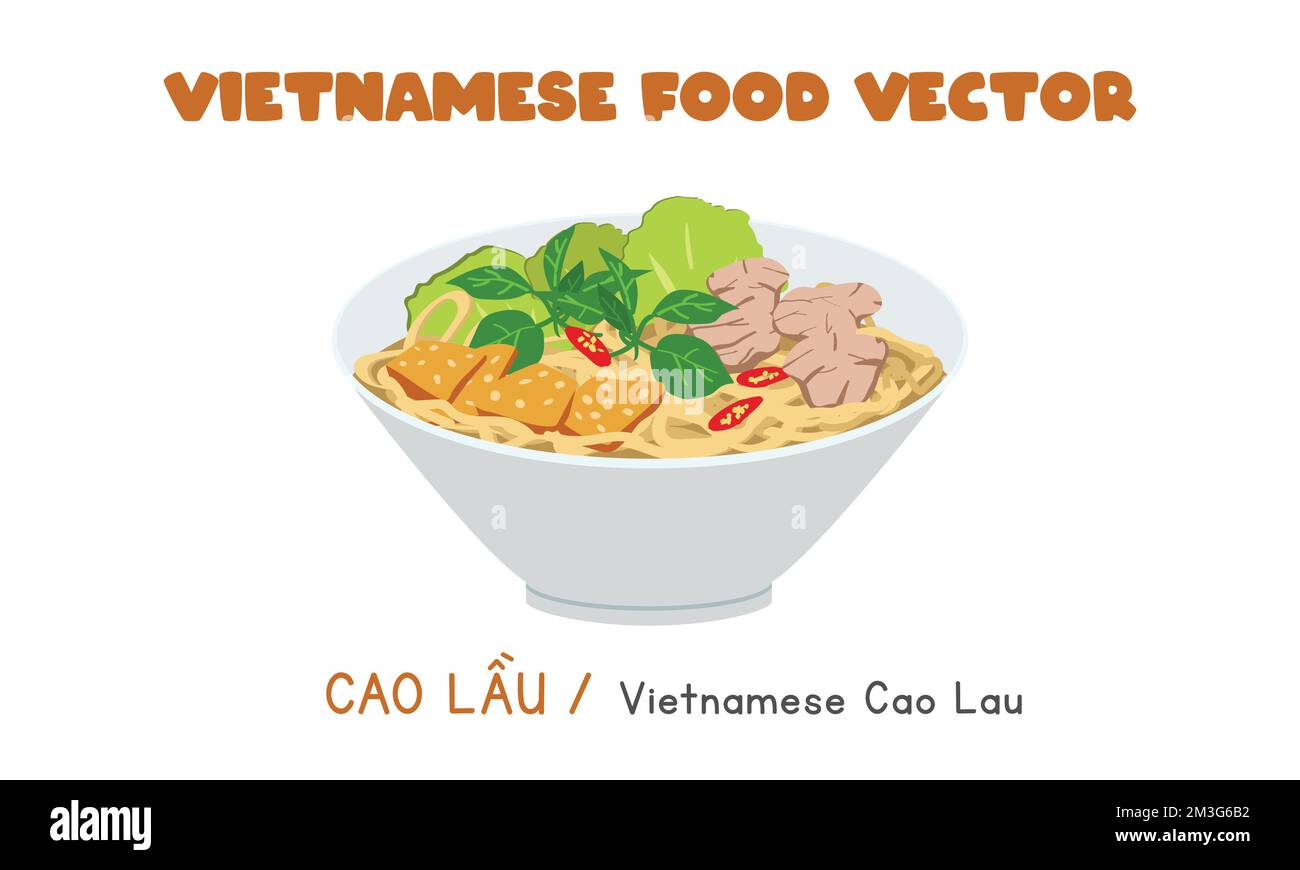 Nouilles vietnamiennes Cao Lau avec motif vectoriel plat de porc et de légumes. Style de dessin animé CAO Lau clipart. Cuisine asiatique. Cuisine vietnamienne Illustration de Vecteur