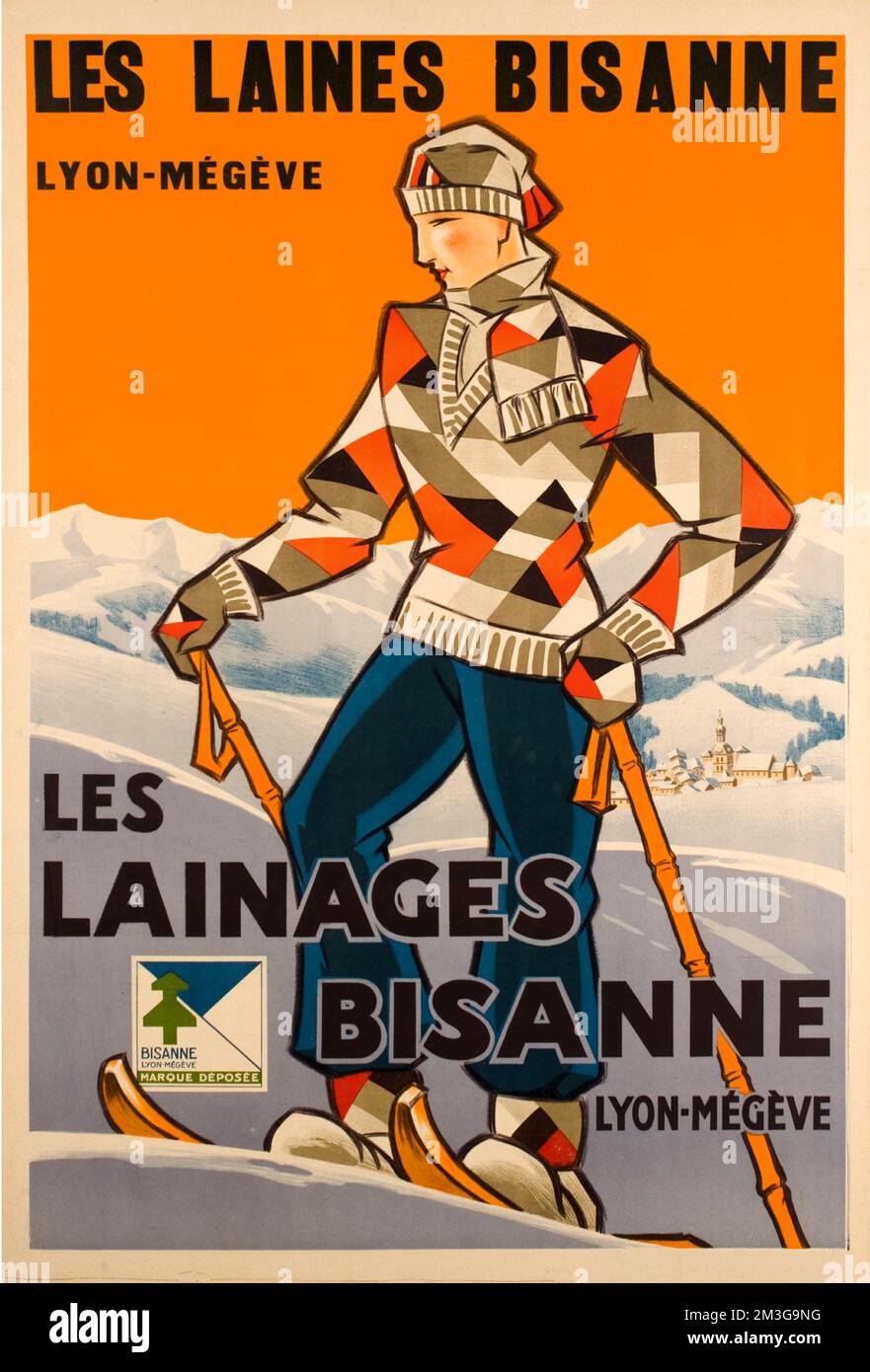 JO Roux / 1930 Megève, les laines Bisanne Grande affiche Art déco pour la "Laine de Megève" la célèbre station de sports d'hiver dans les Alpes françaises. Extrêmement rare. Lithographie de pierre année d'impression 1930 vers CHF 4200 http://www.galerie123.com/en/original-vintage-poster/4319/megeve-les-laines-bisanne Banque D'Images