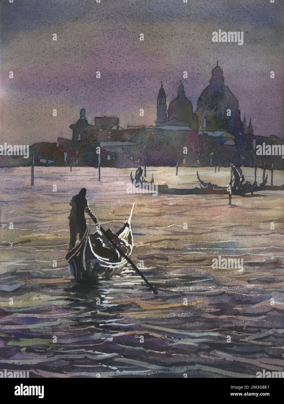 Venise Italie gondolier et église de Santa Maria della Salute a été illuminée au clair de lune dans la ville médiévale de Venise, Italie. Aquarelle Banque D'Images