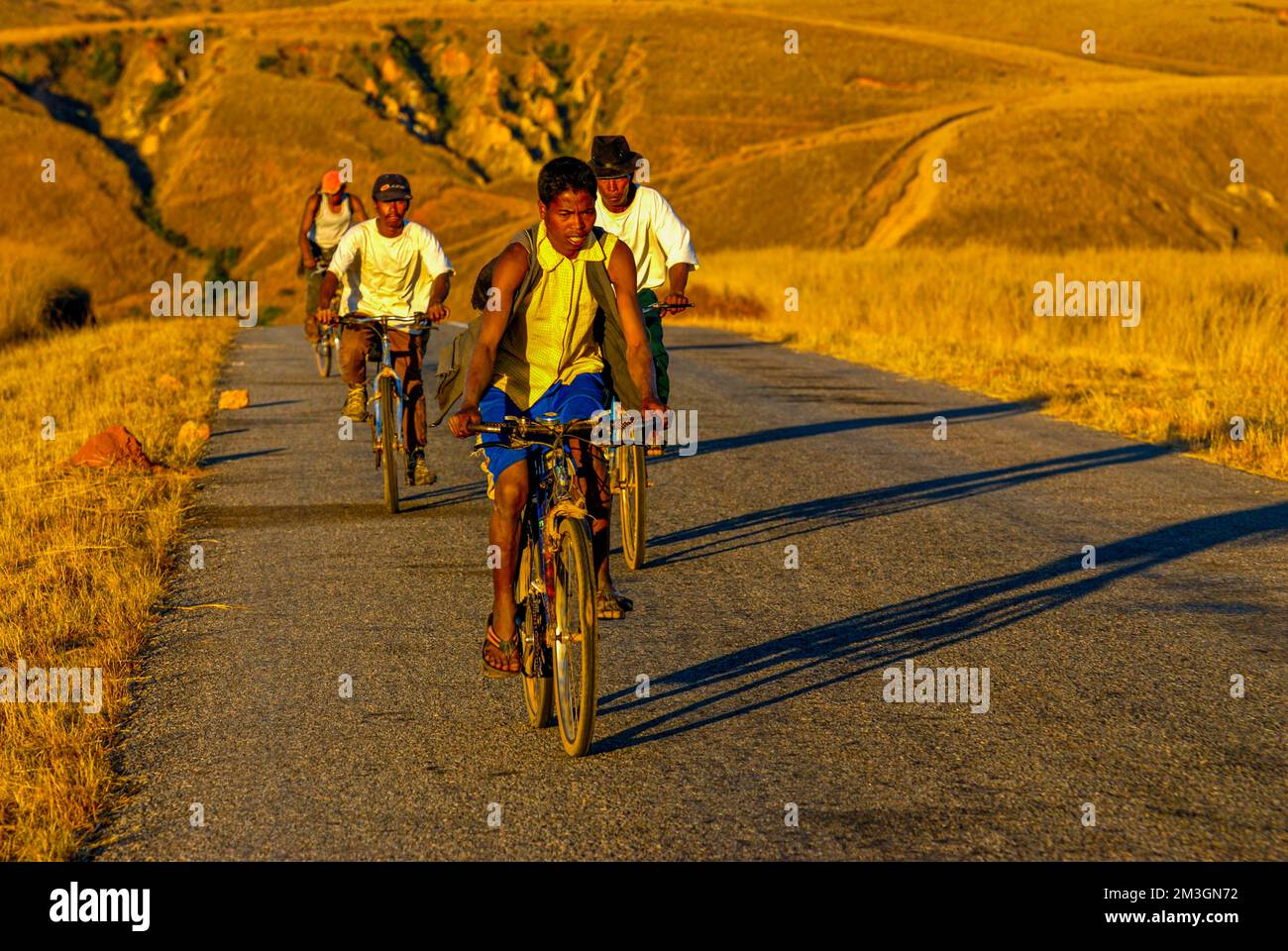 Les habitants de la région se rentrent à vélo au coucher du soleil, le long de la route entre Antanarivo et Morondavia, Madagascar, Océan Indien Banque D'Images