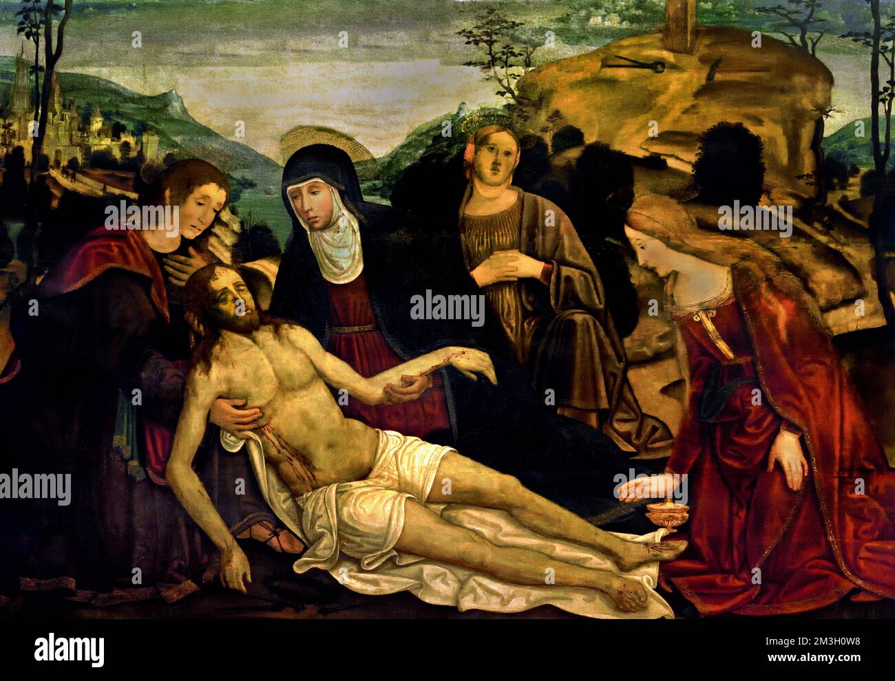 Pietà con le Marie e San Giovanni - Pietà avec Marie et Saint-Jean John Girolamo di Benvenuto, Art chrétien, Italie, Italien. Galerie nationale d'art de Sienne. Girolamo di Benvenuto, Pieta. ( Pieta, Vierge Marie, tenue et deuil, corps mort de Jésus, Marie la mère s'estimant lésée, corps de Jésus, après la Crucifixion, ) Banque D'Images