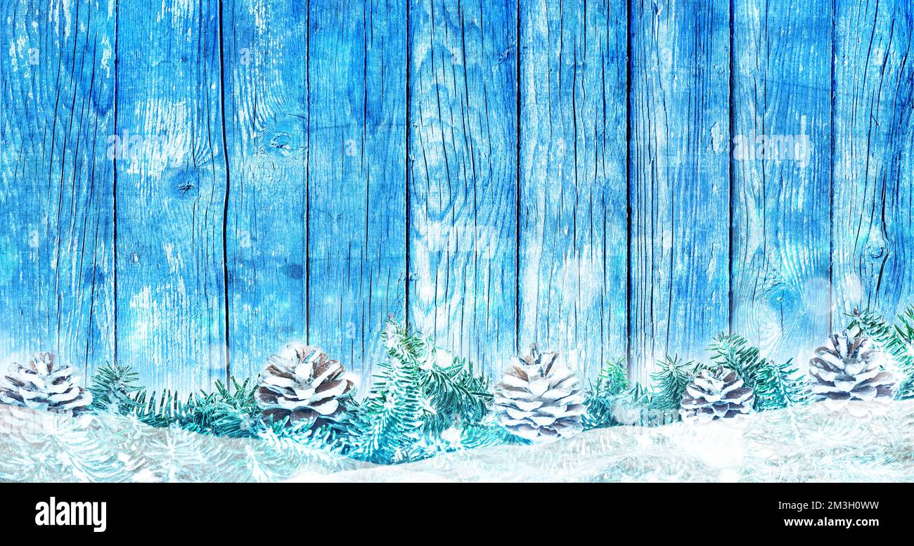 Arbres de Noël et cônes sur fond de bois bleu et de neige Banque D'Images