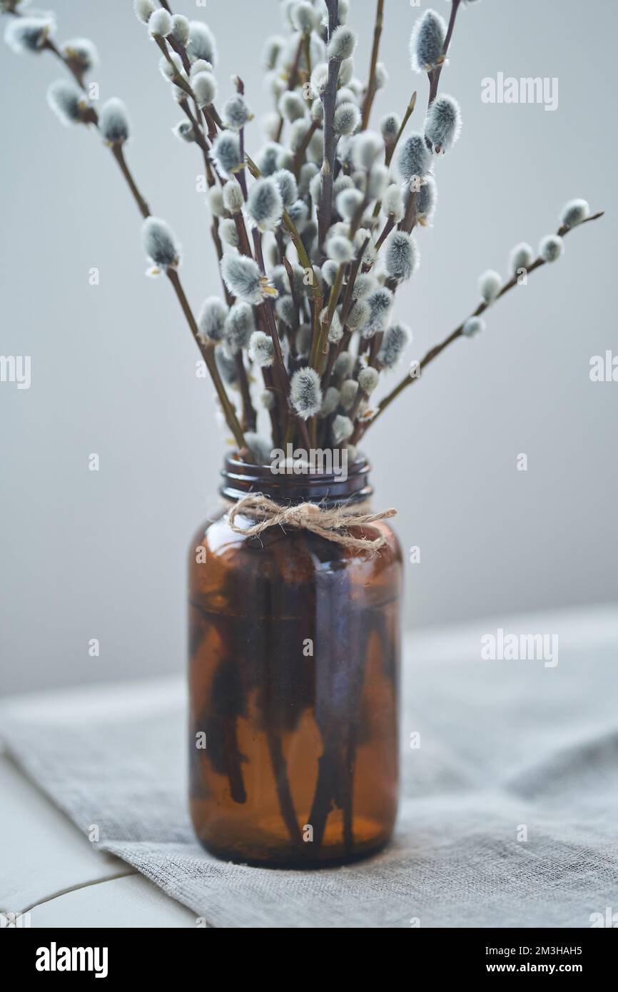 Un gros plan d'un bouquet de branches de saule dans un vase en verre brun comme décoration intérieure pour les vacances de Pâques. Photo de haute qualité Banque D'Images Un gros plan d'un bouquet de branches de saule dans un vase en verre brun comme décoration intérieure pour les vacances de Pâques. Photo de haute qualité Banque D'Images