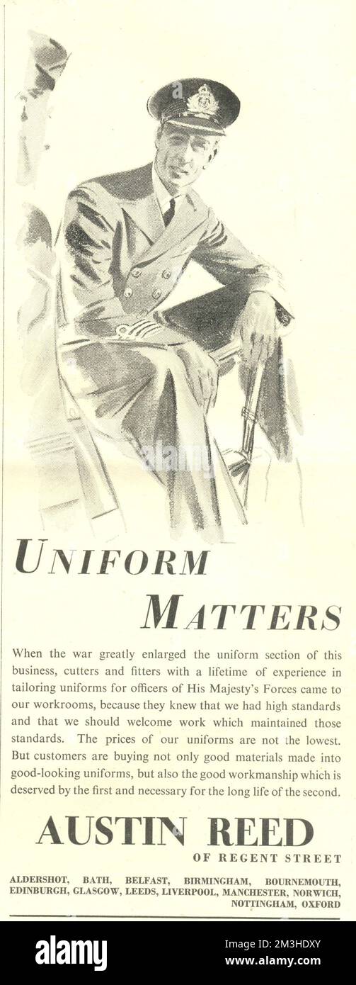 Annonce de 1/2 pages dans Punch pour le 23 avril 1941 montrant deux officiers de marine annonçant la coupe intelligente de leur uniforme par Austin Reed de Regent Street [Londres] Banque D'Images