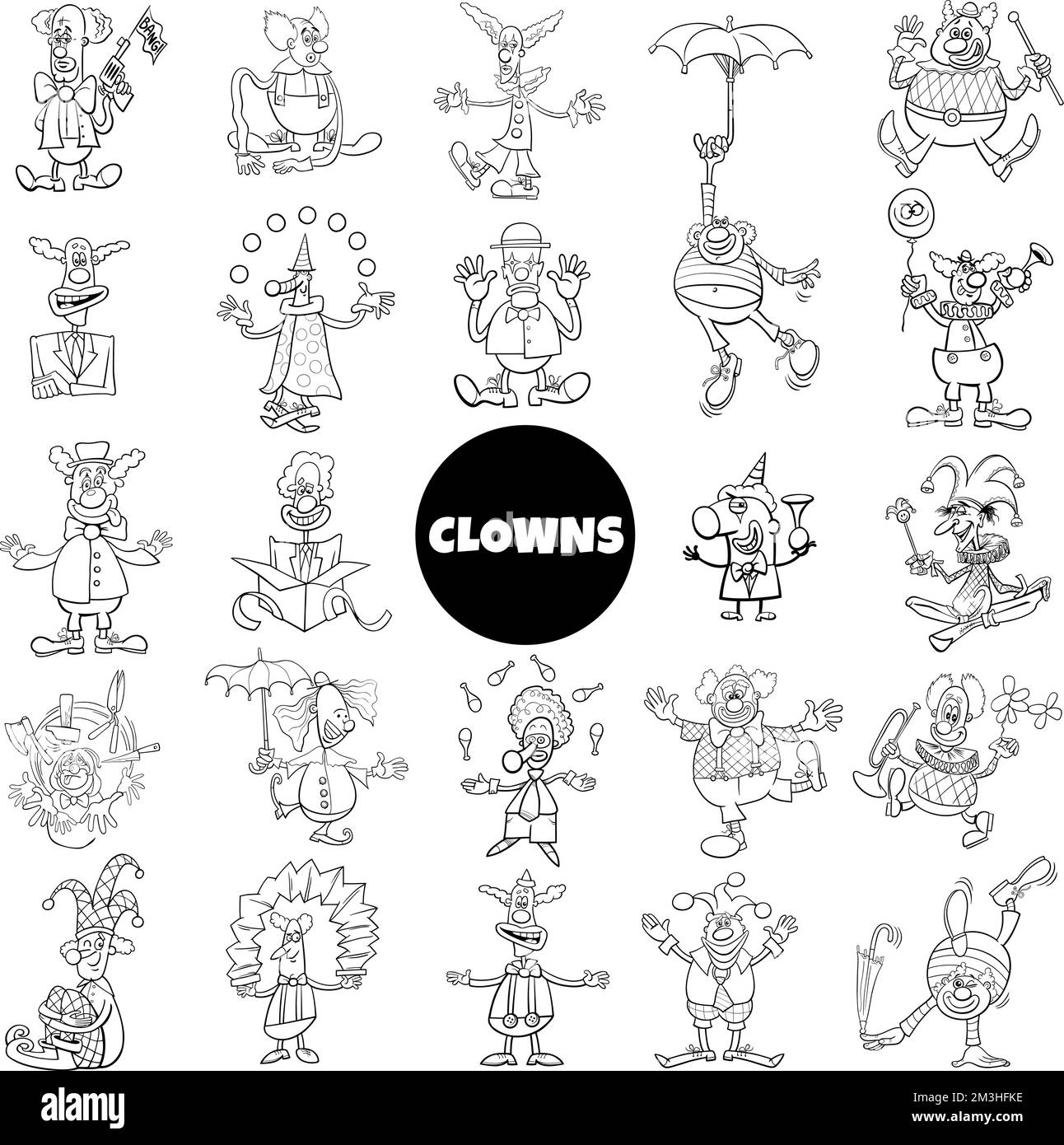 Dessin animé noir et blanc illustration de clowns drôles personnages comiques grand ensemble Illustration de Vecteur