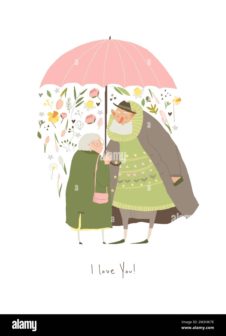 Grand-père de dessin animé avec grand-mère debout sous le grand parapluie Illustration de Vecteur