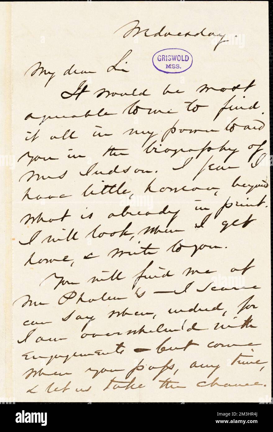 Nathaniel Parker Willis lettre autographe signée , littérature américaine, 19th siècle, Histoire et critique, auteurs, American, 19th Century, correspondance, auteurs et éditeurs, Poets, Américain, 19th siècle, correspondance. Papiers Rufus W. Griswold Banque D'Images