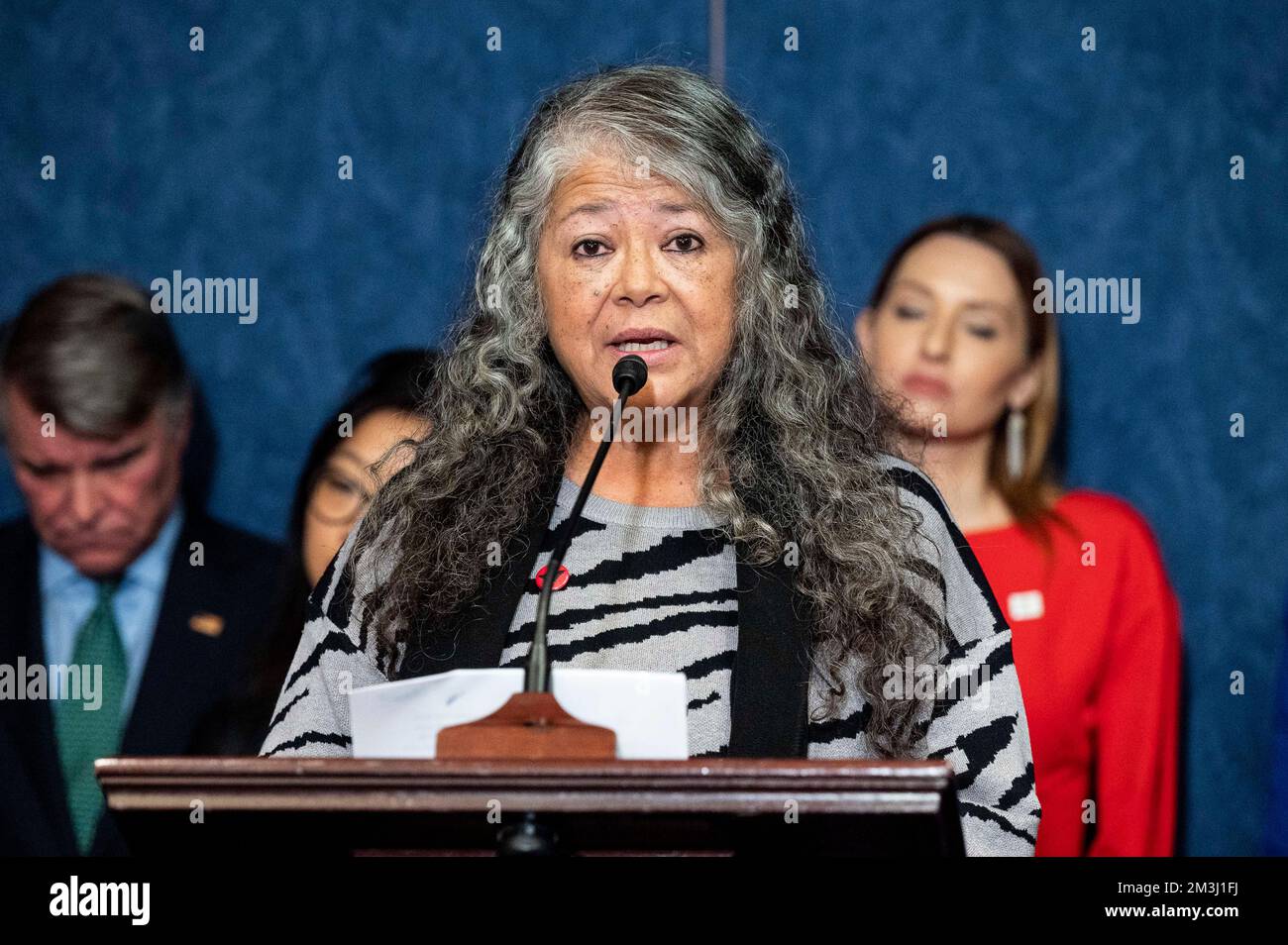 15 décembre 2022, Washington, District de Columbia, États-Unis: TERESA ROMERO, présidente, travailleurs agricoles Unis (UFW), prenant la parole lors d'une conférence de presse sur l'introduction d'une législation visant à réformer le système de visas de H2A pour aider l'agriculture et les travailleurs agricoles. (Credit image: © Michael Brochstein/ZUMA Press Wire) Credit: ZUMA Press, Inc./Alamy Live News Banque D'Images