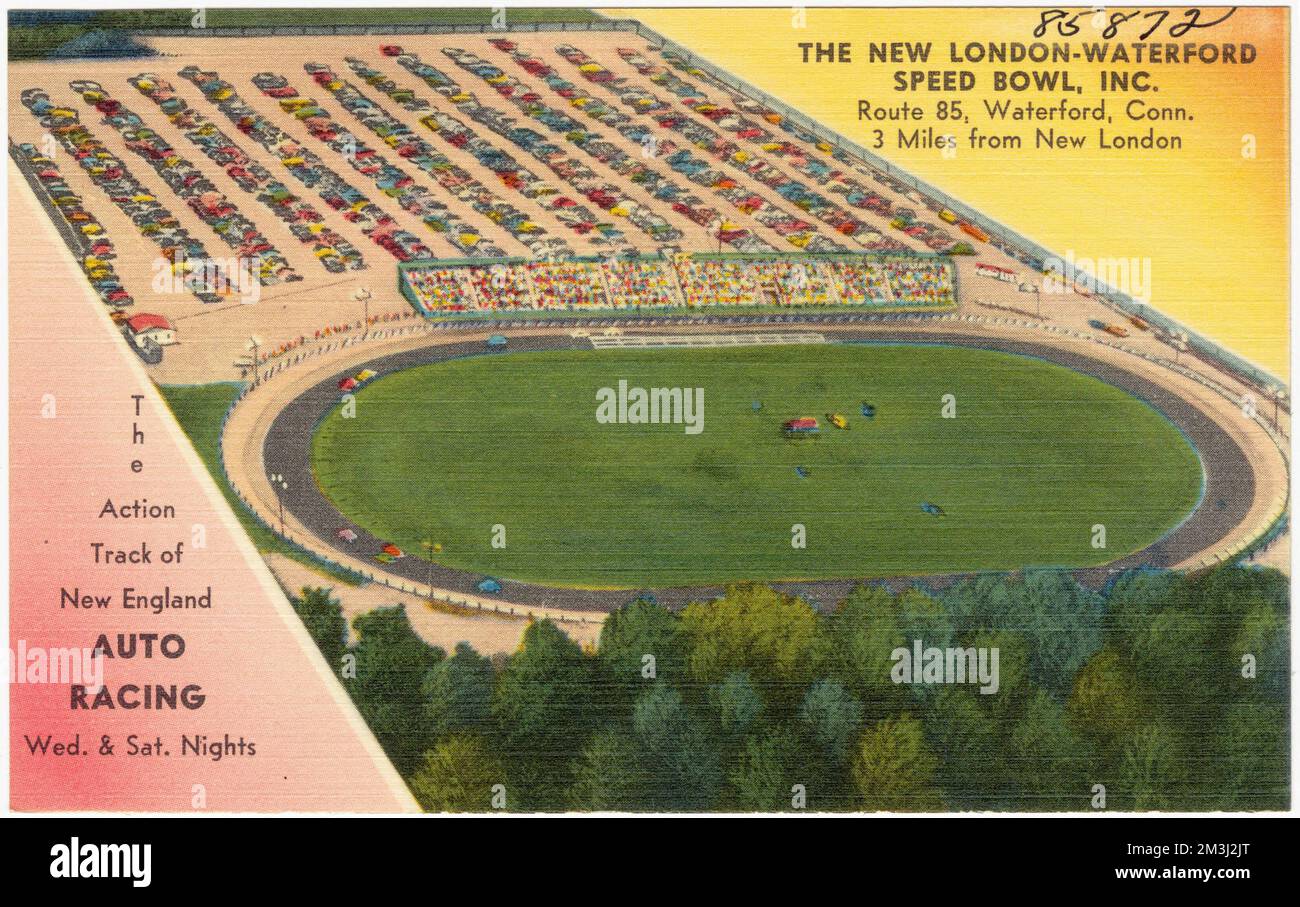The New London-Waterford Speed Bowl, Inc., route 85, Waterford, Connecticut, 3 km de New London. Le circuit d'action de New England Auto Racing, le mercredi Et samedi Nuits. , Tichnor Brothers Collection, cartes postales des États-Unis Banque D'Images