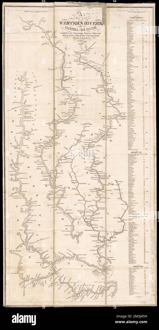 Une nouvelle carte des rivières de l'Ouest, ou, guide des voyageurs : présentant les rivières du Mississippi, du Missouri, de l'Ohio, et de l'Illinois avec toutes les villes principales, les îles et les distances, fleuve Mississippi, cartes, fleuve Missouri, cartes, Ohio River, cartes, Illinois River, cartes Norman B. Leventhal Map Center Collection Banque D'Images